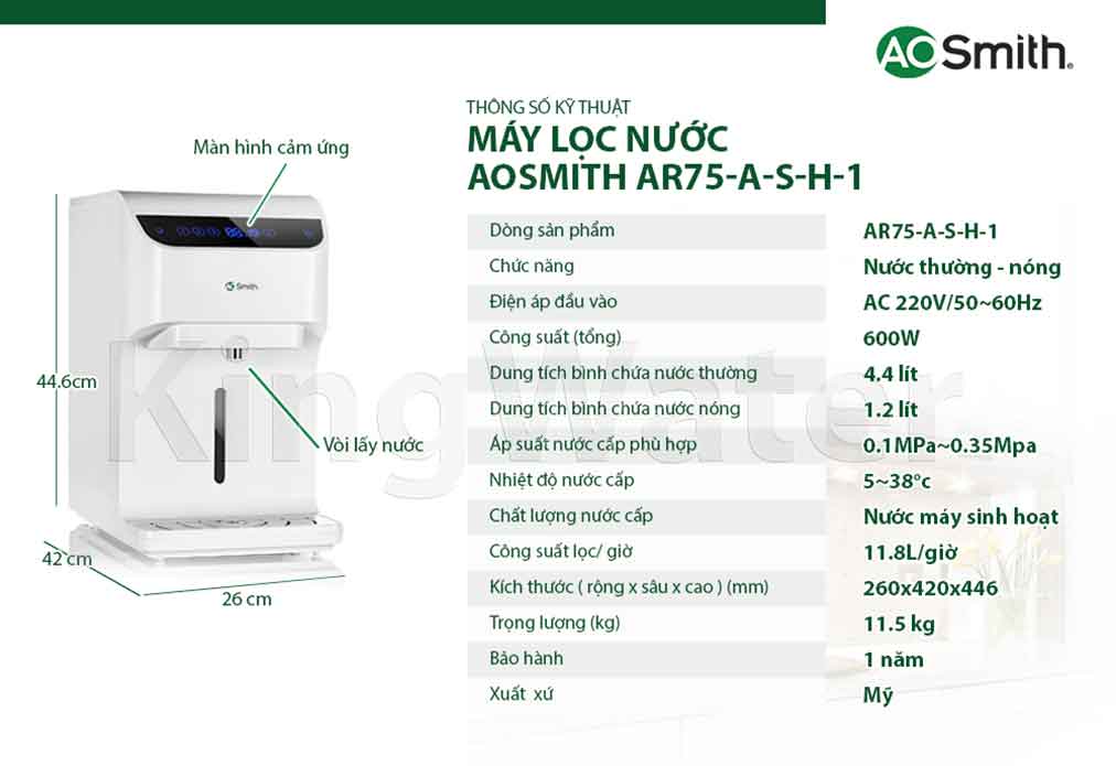 Thông số kỹ thuật của máy lọc nước Ro Aosmith AR75-A-S-H1